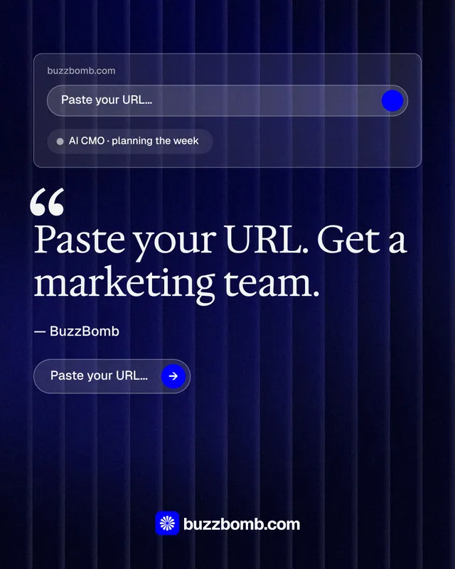 Instagram portrait post for BuzzBomb: "Your AI marketing team." Agentic glass style, quote layout, dark palette in black, blue.