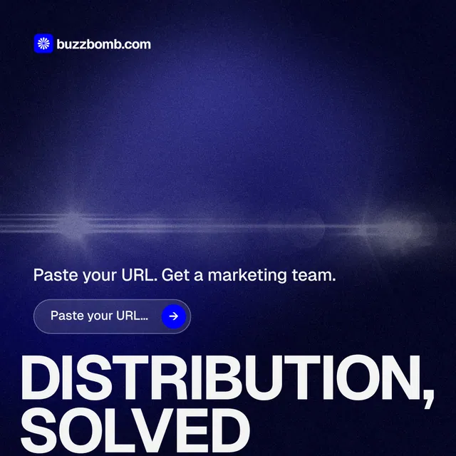 Instagram post for BuzzBomb: "Distribution, solved." Agentic glass style, oversized layout, dark palette in black, blue, grey.