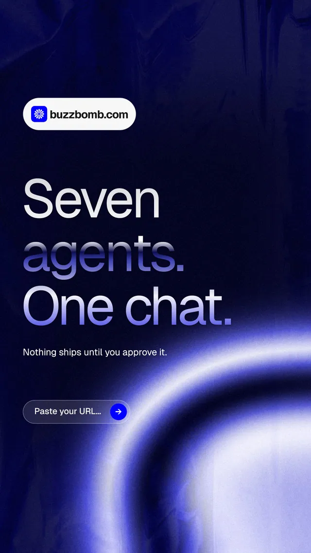 Instagram story for BuzzBomb: "Seven agents. One chat." Agentic glass style, announce layout, dark palette in black, blue.