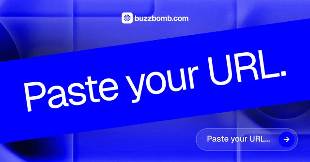 Social ad for BuzzBomb: "Paste your URL." Agentic glass style, diagonal layout, dark palette in blue.