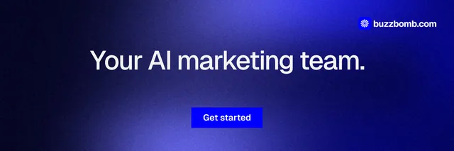 X header for BuzzBomb: "Your AI marketing team." Swiss style, centred layout, dark palette in blue, black.