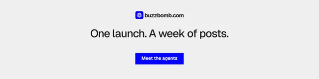 LinkedIn banner for BuzzBomb: "One launch. A week of posts." Swiss style, centred layout, light palette in white, blue.