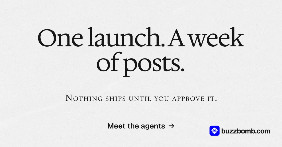 Social ad for BuzzBomb: "One launch. A week of posts." Swiss style, smallcaps layout, light palette in white, grey.
