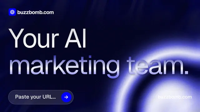 Landscape graphic for BuzzBomb: "Your AI marketing team." Agentic glass style, poster layout, dark palette in black, blue.