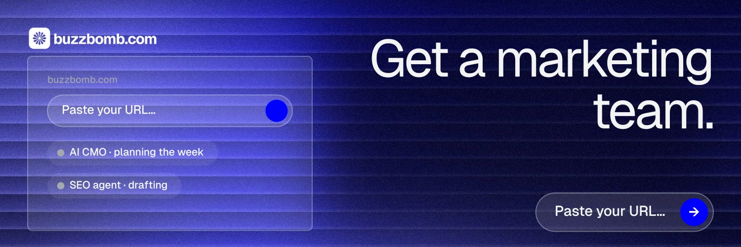 X header for BuzzBomb: "Get a marketing team." Agentic glass style, right layout, dark palette in blue.