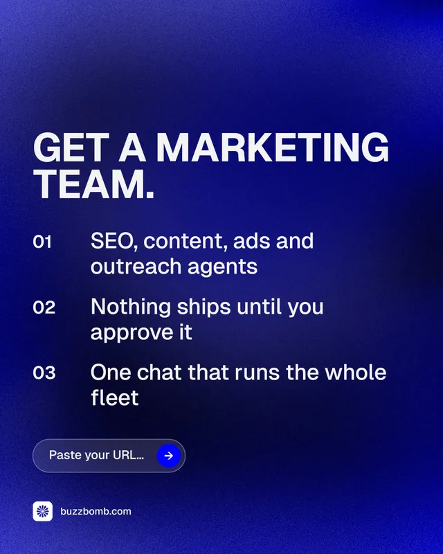 Instagram portrait post for BuzzBomb: "Get a marketing team." Agentic glass style, numbered layout, dark palette in blue.