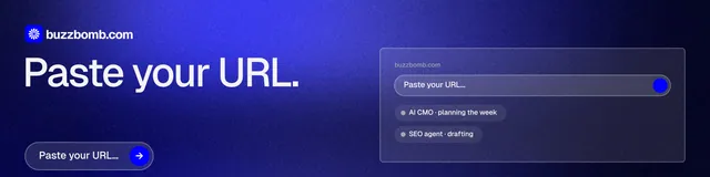 LinkedIn banner for BuzzBomb: "Paste your URL." Agentic glass style, bottom layout, dark palette in blue.