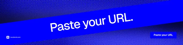 LinkedIn banner for BuzzBomb: "Paste your URL." Swiss style, diagonal layout, dark palette in blue.