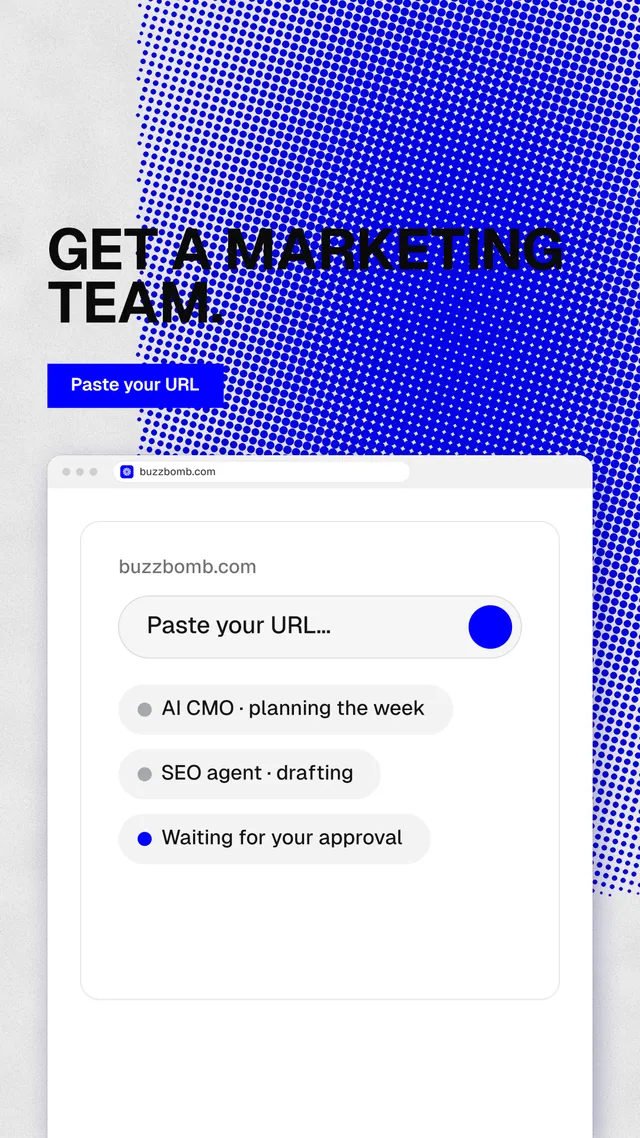 Instagram story for BuzzBomb: "Get a marketing team." Swiss style, browser layout, light palette in white, blue.