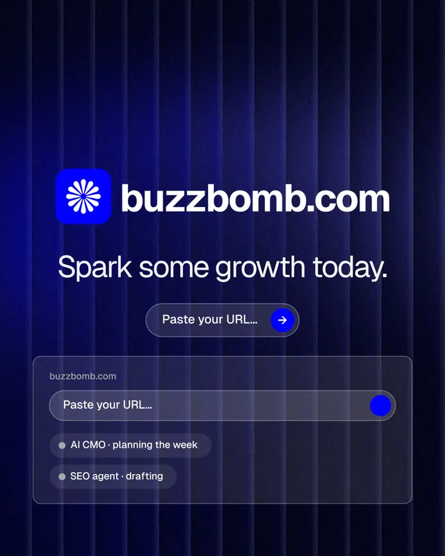 Instagram portrait post for BuzzBomb: "Spark some growth today." Agentic glass style, logo hero layout, dark palette in black, blue, grey.