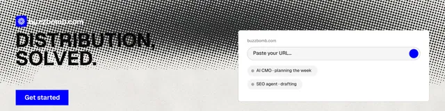 LinkedIn banner for BuzzBomb: "Distribution, solved." Swiss style, bottom layout, light palette in white, grey.