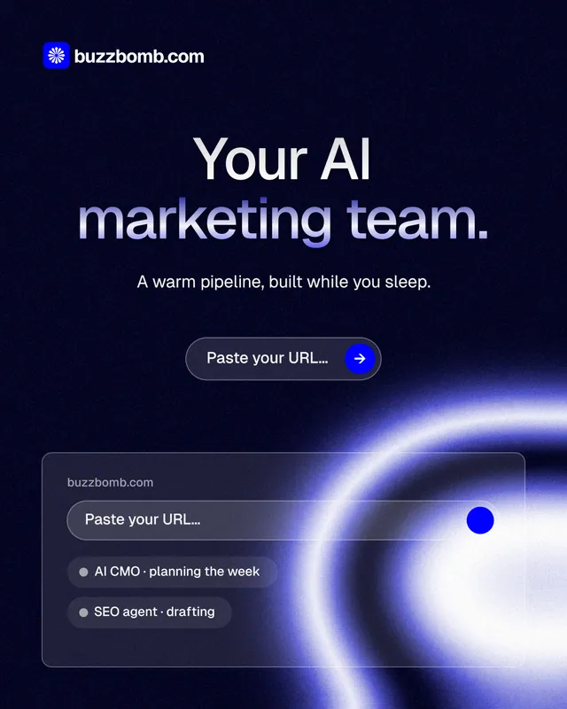 Instagram portrait post for BuzzBomb: "Your AI marketing team." Agentic glass style, centred layout, dark palette in black, blue.