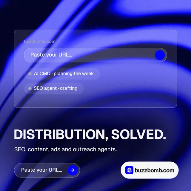 Instagram post for BuzzBomb: "Distribution, solved." Agentic glass style, bottom layout, dark palette in black, blue.