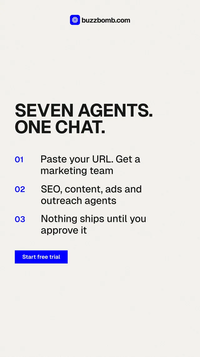 Instagram story for BuzzBomb: "Seven agents. One chat." Swiss style, numbered layout, light palette in white, grey.