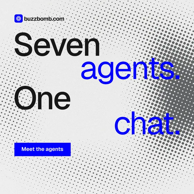 Instagram post for BuzzBomb: "Seven agents. One chat." Split block style, stacked layout, light palette in white, blue.