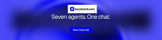 LinkedIn banner for BuzzBomb: "Seven agents. One chat." Swiss style, centred layout, dark palette in blue.