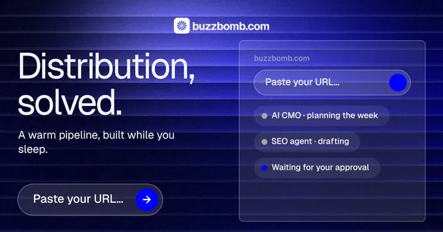 Social ad for BuzzBomb: "Distribution, solved." Agentic glass style, bottom layout, dark palette in black, blue.