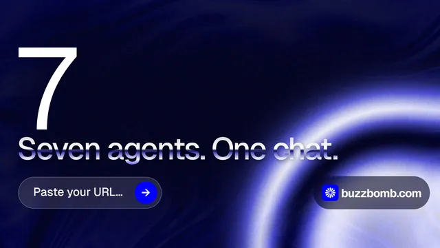 Landscape graphic for BuzzBomb: "Seven agents. One chat." Agentic glass style, stat layout, dark palette in black, blue.