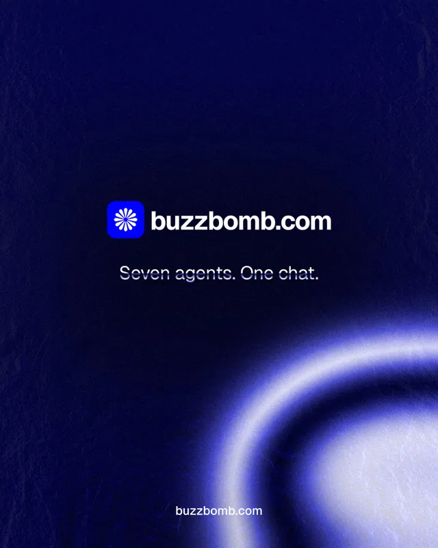 Instagram portrait post for BuzzBomb: "Seven agents. One chat." Agentic glass style, end card layout, dark palette in blue, black.
