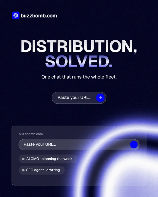 Instagram portrait post for BuzzBomb: "Distribution, solved." Agentic glass style, centred layout, dark palette in black, blue.