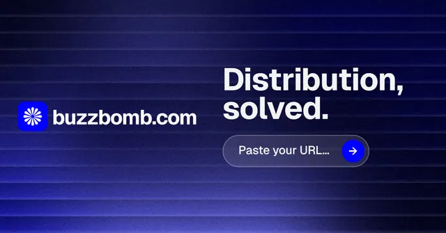 Social ad for BuzzBomb: "Distribution, solved." Agentic glass style, logo hero layout, dark palette in black, blue.