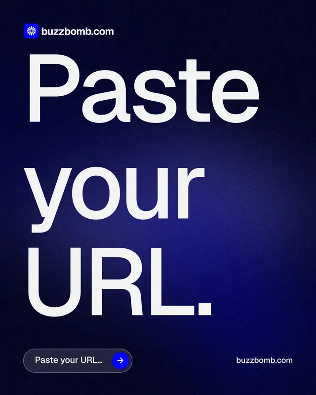 Instagram portrait post for BuzzBomb: "Paste your URL." Agentic glass style, poster layout, dark palette in black, blue, white.