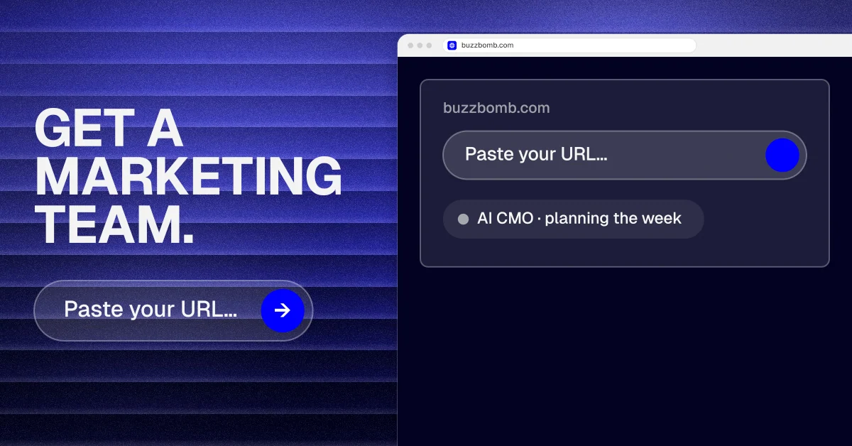 Social ad for BuzzBomb: "Get a marketing team." Agentic glass style, browser layout, dark palette in black, blue.