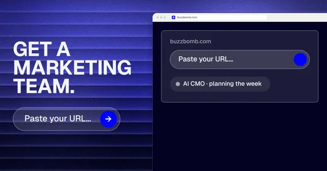 Social ad for BuzzBomb: "Get a marketing team." Agentic glass style, browser layout, dark palette in black, blue.
