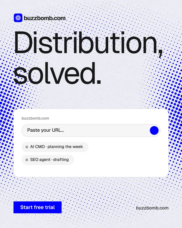 Instagram portrait post for BuzzBomb: "Distribution, solved." Swiss style, poster layout, light palette in white, blue.