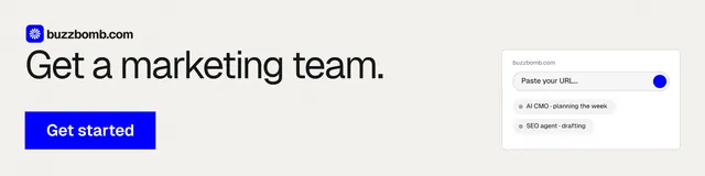 LinkedIn banner for BuzzBomb: "Get a marketing team." Swiss style, skeleton layout, light palette in white, blue.