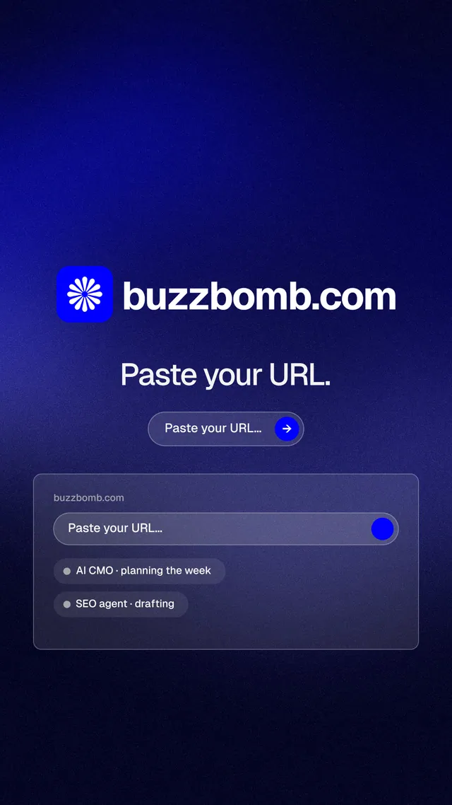 Instagram story for BuzzBomb: "Paste your URL." Agentic glass style, logo hero layout, dark palette in black, blue.