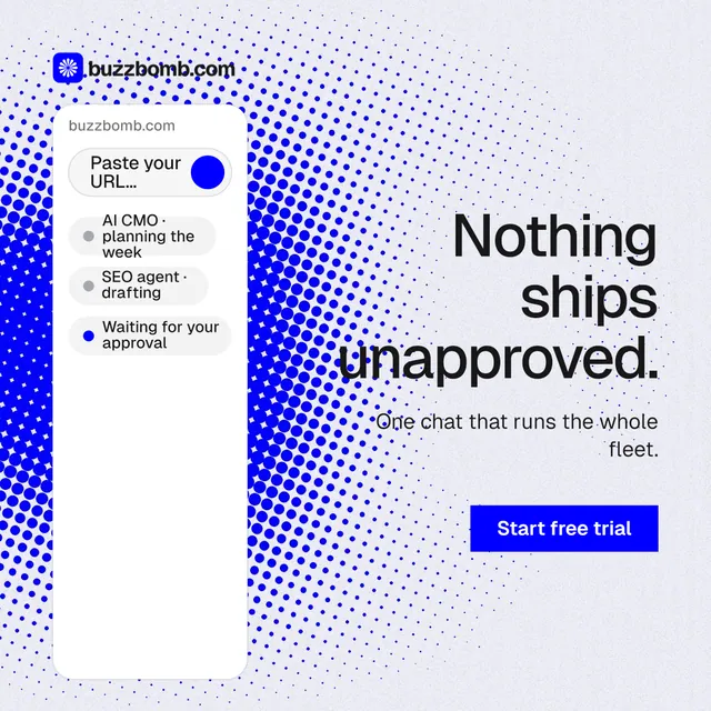 Instagram post for BuzzBomb: "Nothing ships unapproved." Split block style, right layout, light palette in white, blue.