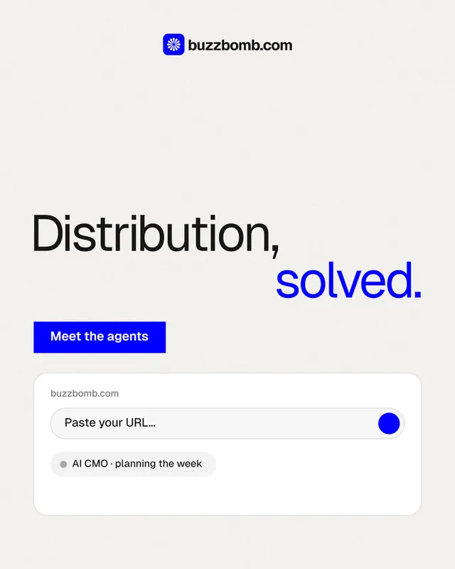 Instagram portrait post for BuzzBomb: "Distribution, solved." Swiss style, stacked layout, light palette in white, blue.