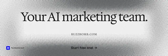 X header for BuzzBomb: "Your AI marketing team." Swiss style, smallcaps layout, light palette in white, grey.