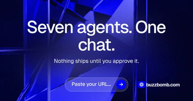 Social ad for BuzzBomb: "Seven agents. One chat." Agentic glass style, centred layout, dark palette in black, blue.