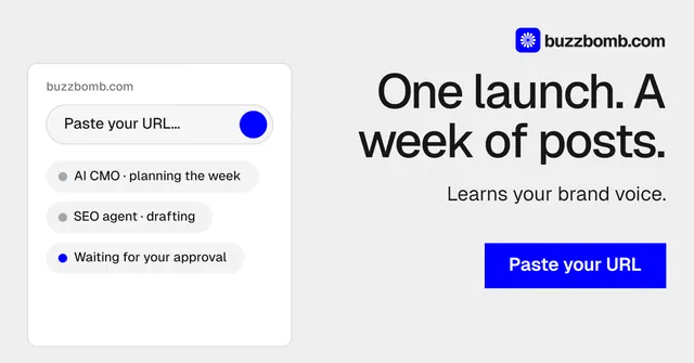 Social ad for BuzzBomb: "One launch. A week of posts." Swiss style, right layout, light palette in white, blue.