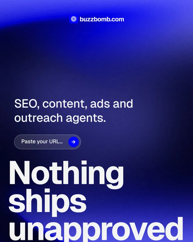 Instagram portrait post for BuzzBomb: "Get a marketing team." Agentic glass style, oversized layout, dark palette in blue.