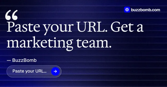Social ad for BuzzBomb: "Seven agents. One chat." Agentic glass style, quote layout, dark palette in black, blue, grey.