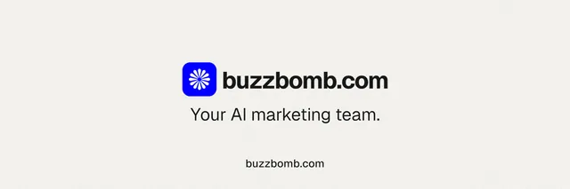 X header for BuzzBomb: "Your AI marketing team." Swiss style, end card layout, light palette in white.