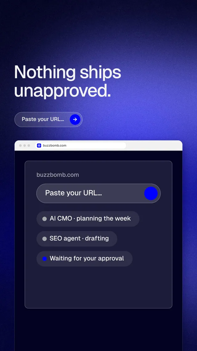 Instagram story for BuzzBomb: "Nothing ships unapproved." Agentic glass style, browser layout, dark palette in blue, black.