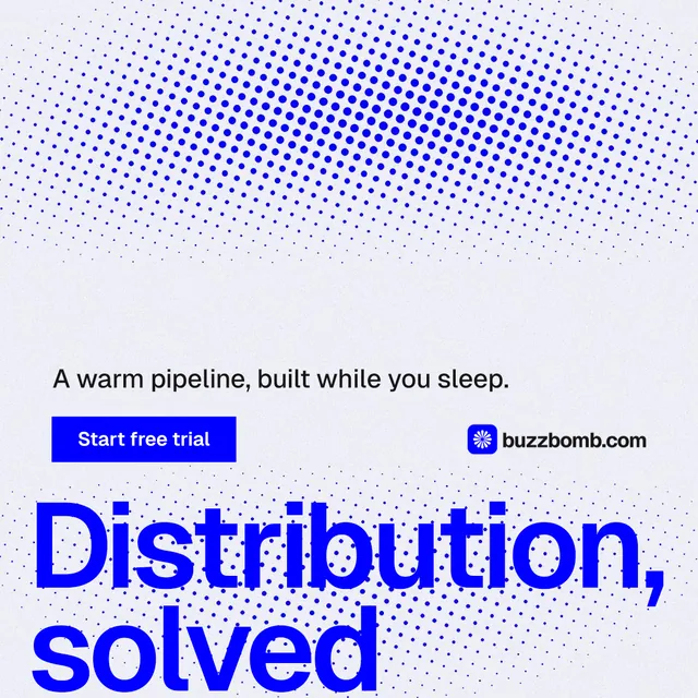 Instagram post for BuzzBomb: "Distribution, solved." Split block style, oversized layout, light palette in blue, white.