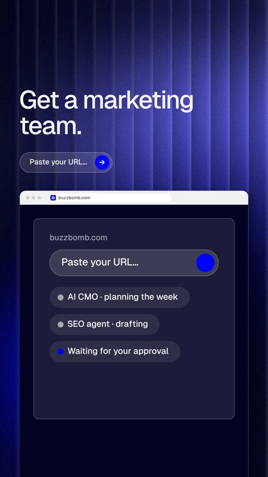 Instagram story for BuzzBomb: "Get a marketing team." Agentic glass style, browser layout, dark palette in blue, black.