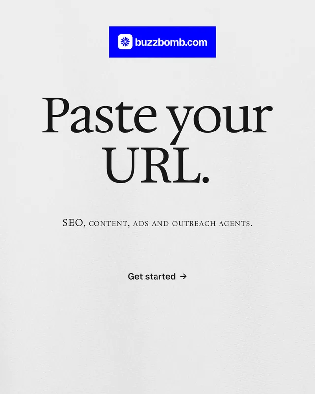 Instagram portrait post for BuzzBomb: "Paste your URL." Editorial style, smallcaps layout, light palette in white, blue.