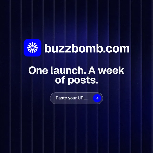 Instagram post for BuzzBomb: "One launch. A week of posts." Agentic glass style, logo hero layout, dark palette in blue, black.