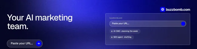LinkedIn banner for BuzzBomb: "Your AI marketing team." Agentic glass style, bottom layout, dark palette in blue.