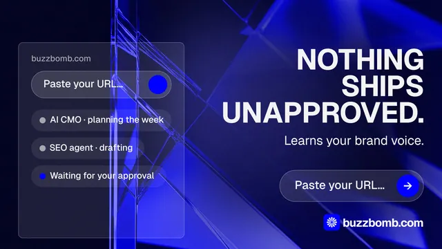 Landscape graphic for BuzzBomb: "Nothing ships unapproved." Agentic glass style, right layout, dark palette in black, blue.