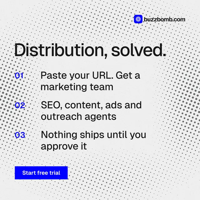 Instagram post for BuzzBomb: "Distribution, solved." Swiss style, numbered layout, light palette in white, grey.