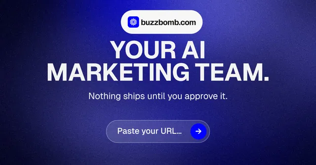 Social ad for BuzzBomb: "Your AI marketing team." Agentic glass style, centred layout, dark palette in blue.