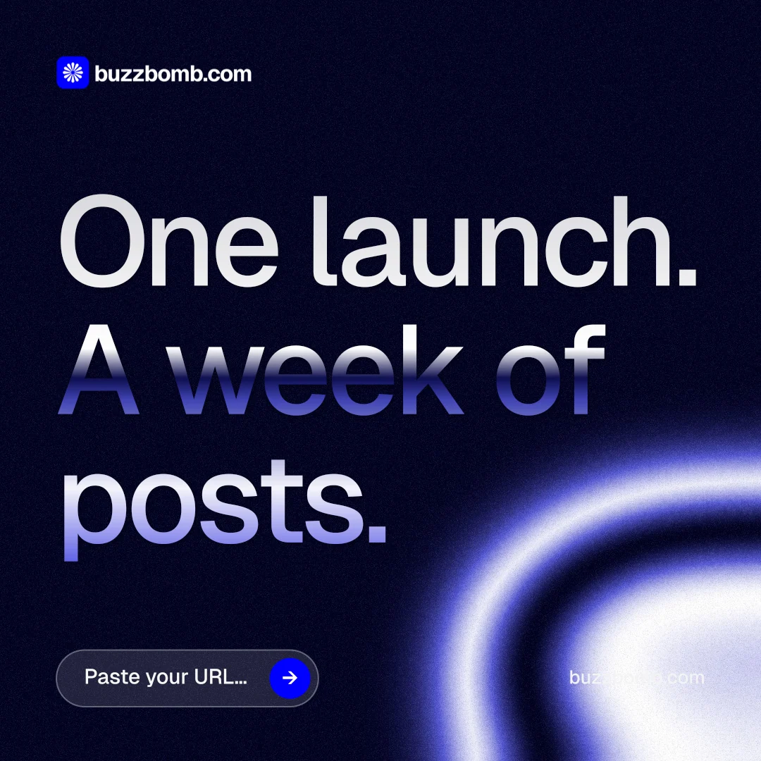 Instagram post for BuzzBomb: "One launch. A week of posts." Agentic glass style, poster layout, dark palette in black, blue.