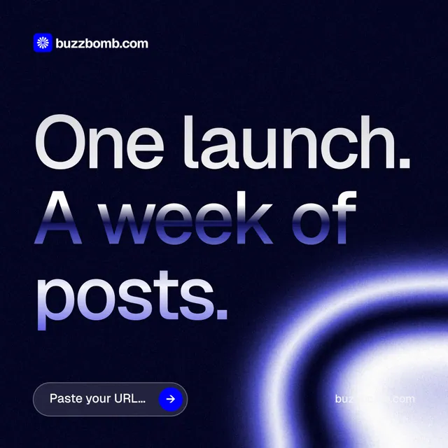Instagram post for BuzzBomb: "One launch. A week of posts." Agentic glass style, poster layout, dark palette in black, blue.